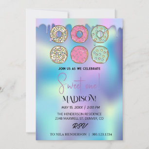 Sweet donuts, rainbow colors, sweet first birthday invitation