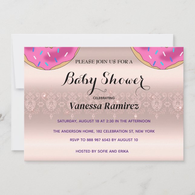 Sweet donuts, rose gold baby gift invitation (Front)