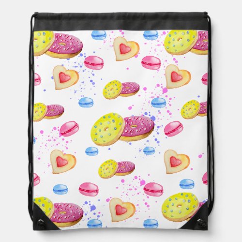 Sweet donuts with colourful glaze pattern drawstring bag