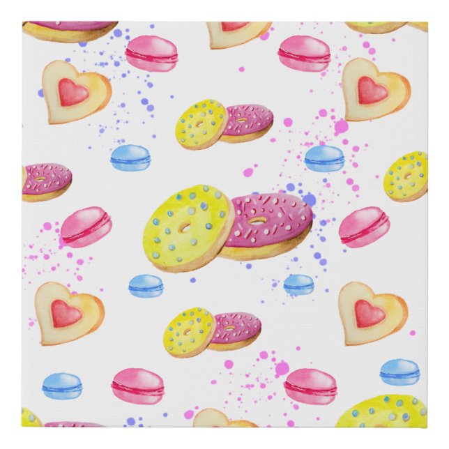 Sweet donuts with colourful glaze pattern faux canvas print (Front)