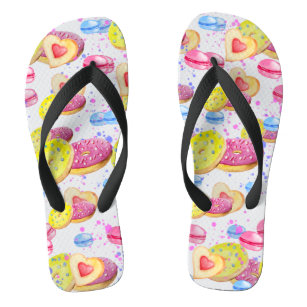 Sweet donuts with colourful glaze pattern flip flops