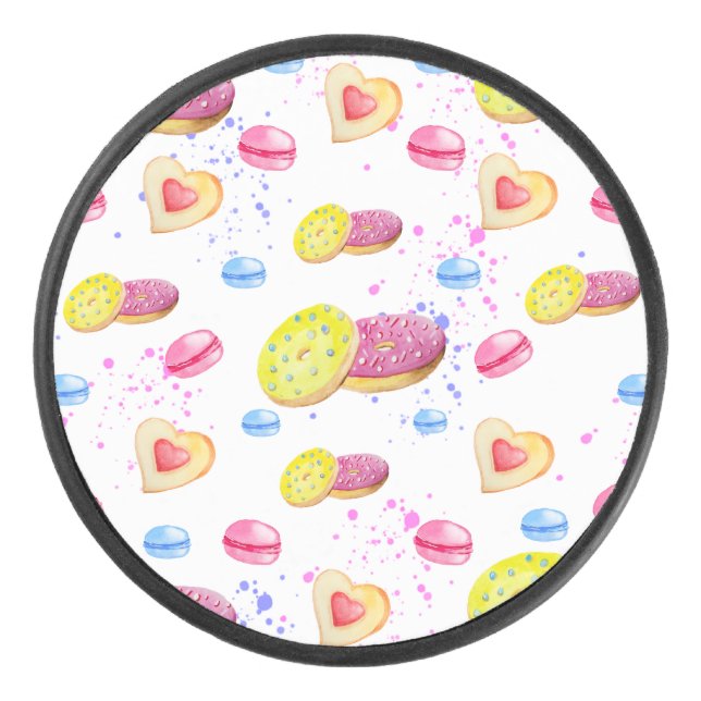 Sweet donuts with colourful glaze pattern hockey puck (Front)