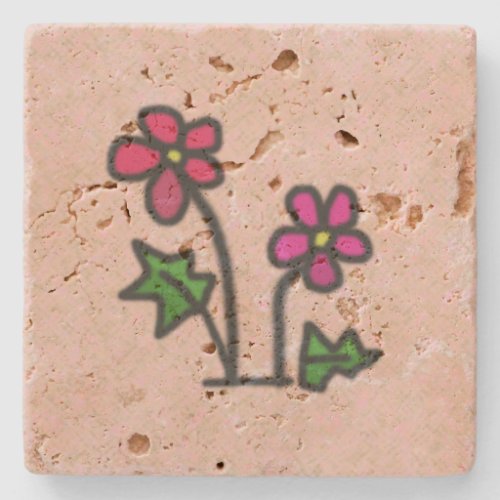 Sweet Drawn Pink Flowers Stone Coaster