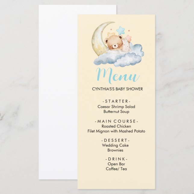 Sweet dream teddy bear Boy baby Shower Menu (Front/Back)