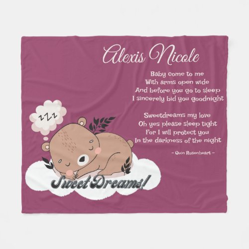 Sweet Dreams Baby Bear  Fleece Blanket