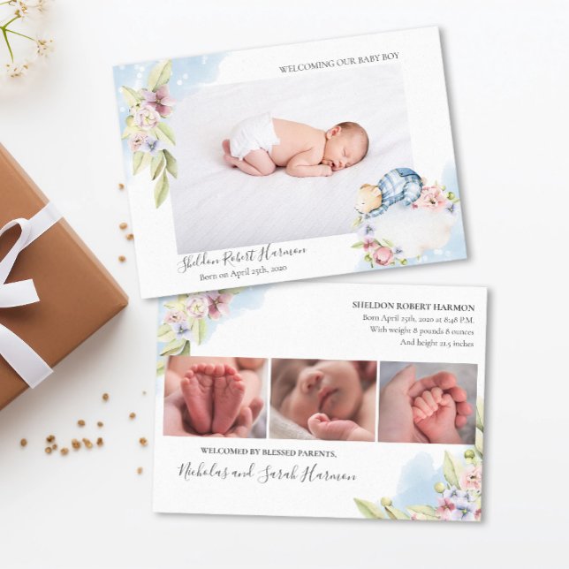 Sweet Dreams Baby Boy - Floral Watercolor Birth  Announcement (Creator Uploaded)