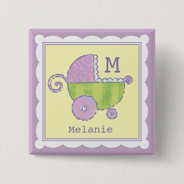 Sweet Dreams Baby Carriage Lavender Monogrammed Button (Front)