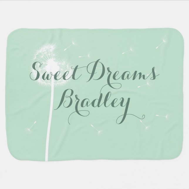 Sweet Dreams Baby Dandelion Mint Green Baby Blanket (Horizontal)