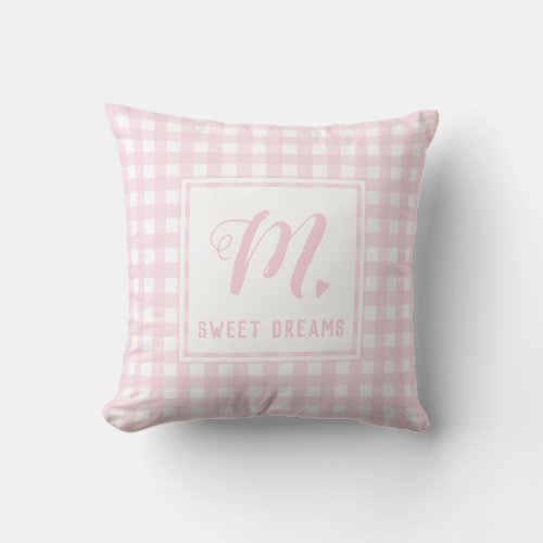 Sweet Dreams Baby Pink Medium Gingham Monogram Throw Pillow