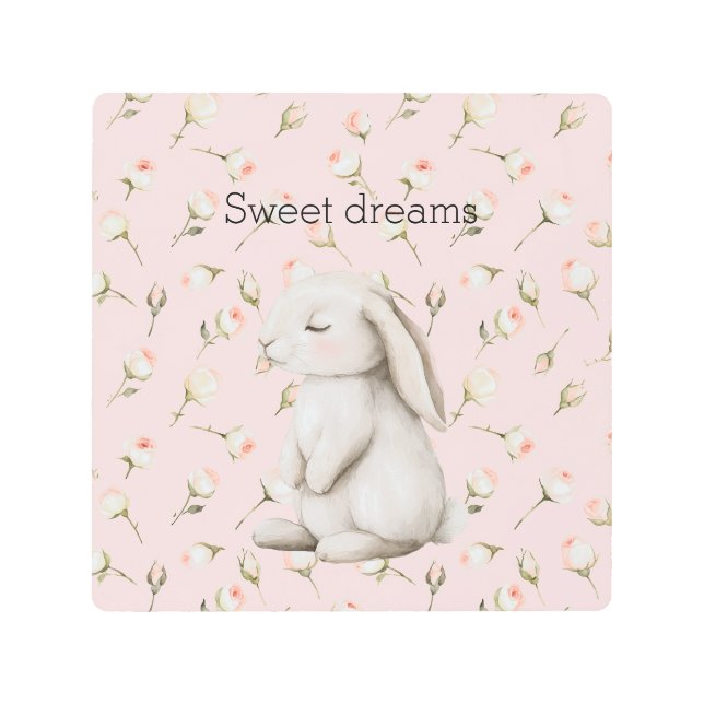 Sweet Dreams Bunny Rabbit Roses Pink Floral Metal Print (Front)