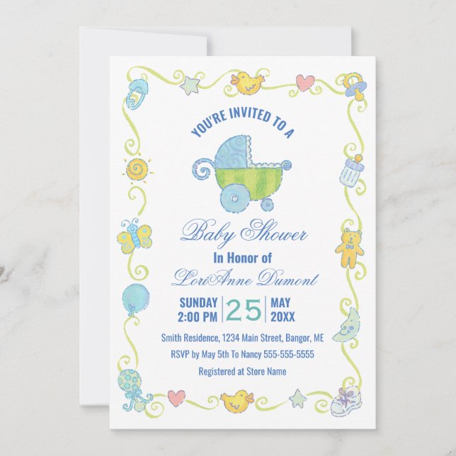 Sweet Dreams Carriage Blue and White Baby Shower Invitation (Front)