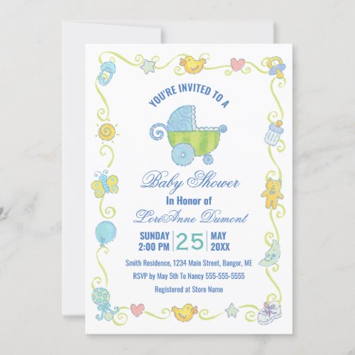 Sweet Dreams Carriage Blue and White Baby Shower Invitation