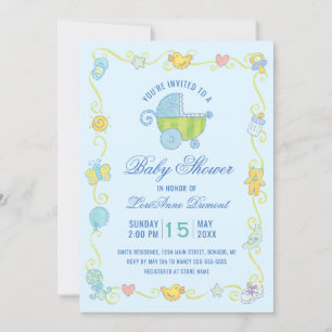 Sweet Dreams Carriage Blue Baby Shower Invitation