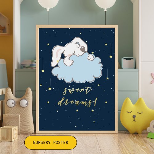 Sweet Dreams _ Cute Bunny on a Cloud Nursery Poster