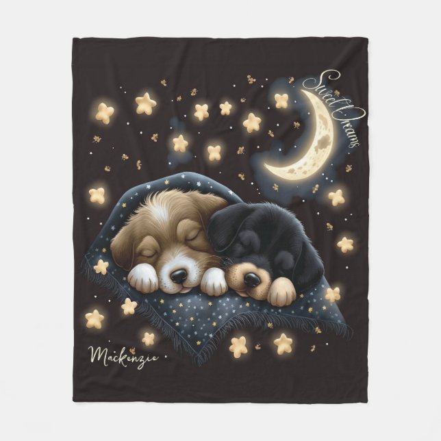 Sweet Dreams Cute Design Puppy Personalized Name Fleece Blanket (Front)