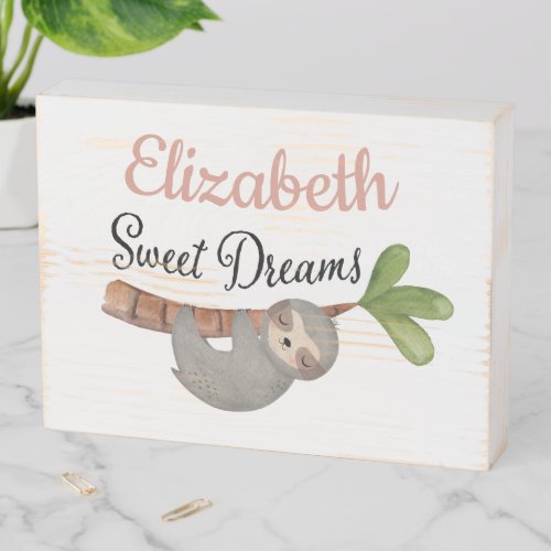 Sweet Dreams Cute Pink Baby Girl Sloth Monogram Wooden Box Sign