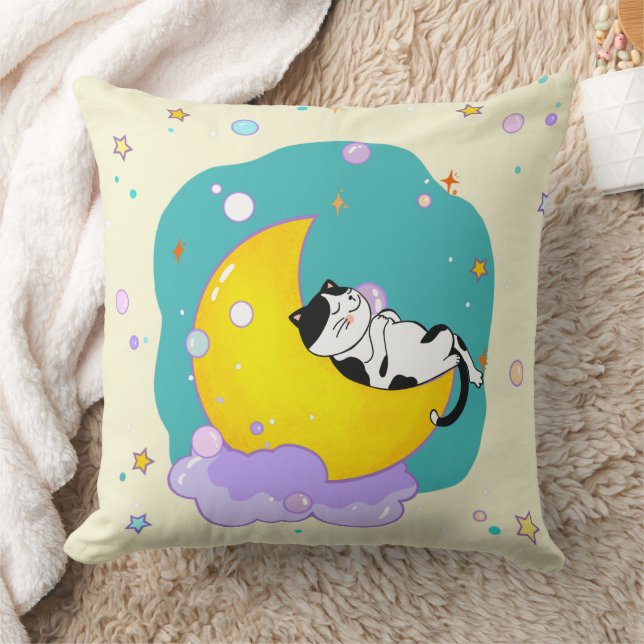 Sweet Dreams Cute Tuxedo Kitty Sleeping On Moon Throw Pillow (Blanket)