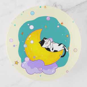 Sweet Dreams Cute Tuxedo Kitty Sleeping On Moon Trinket Tray