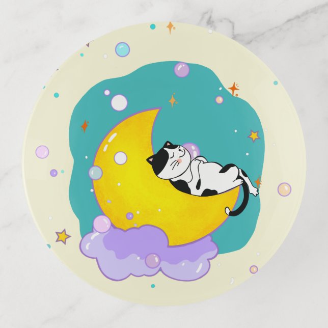 Sweet Dreams Cute Tuxedo Kitty Sleeping On Moon Trinket Tray (Front)