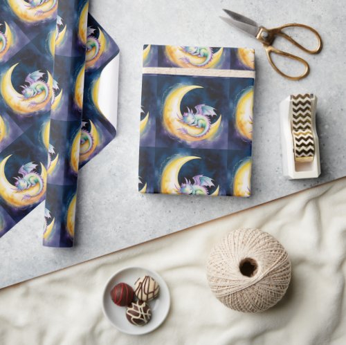 Sweet Dreams Dragon and Half Moon Baby Shower Wrapping Paper