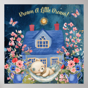 Sweet Dreams Floral Teddy Bear & Birds Nursery Poster