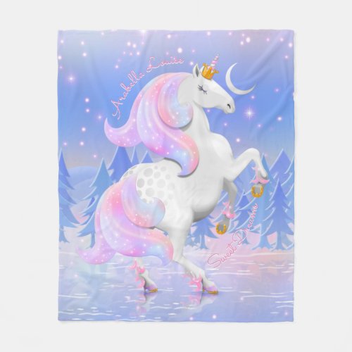 Sweet Dreams Frozen Lake Blue Unicorn Princess Fleece Blanket