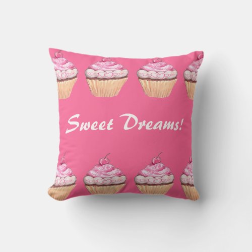 Sweet Dreams Girls Pink Cupcakes Sleepover Throw Pillow