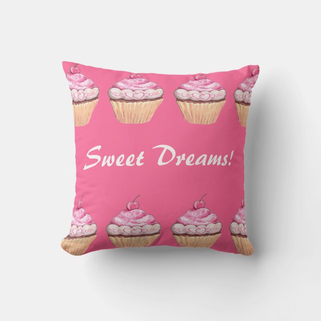 Sweet Dreams Girls Pink Cupcakes Sleepover Throw Pillow (Front)