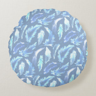 sweet dreams - light blue watercolor feathers : round pillow