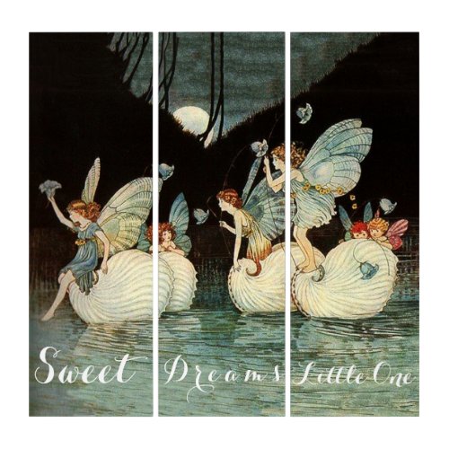 Sweet Dreams Little One Fairies Pond with Moon Triptych