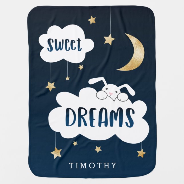 Sweet Dreams Moon Stars Blue Gold Baby Blanket (Front)