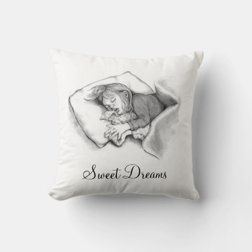 Sweet Dreams Pencil Drawing Child Sleeping Throw Pillow