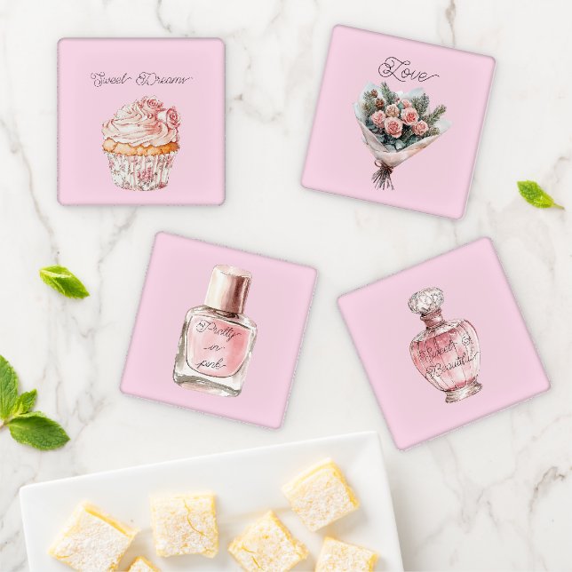 Sweet Dreams Pink Roses Floral Cupcake Coaster Set (In Situ)