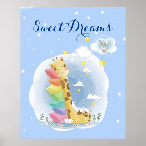 Sweet dreams sleeping giraffe with bunnies poster
