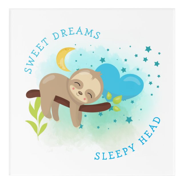 Sweet Dreams Sleepy Head Cute Sloth Blue Baby Boy Acrylic Print (Front)
