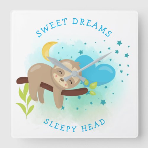 Sweet Dreams Sleepy Head Sloth Asleep Boy White Square Wall Clock