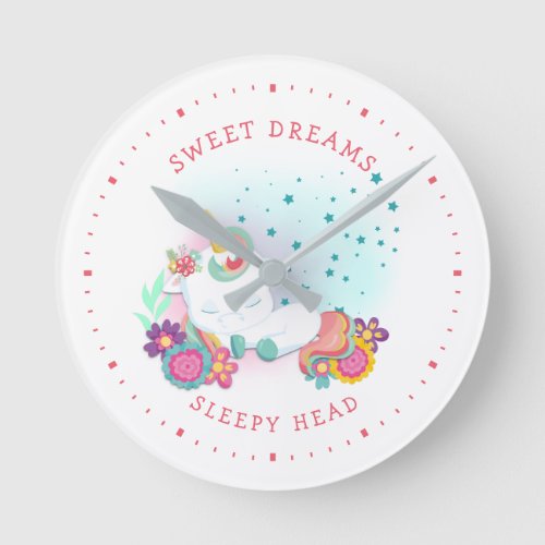 Sweet Dreams Sleepy Head Unicorn Pink White Minute Round Clock