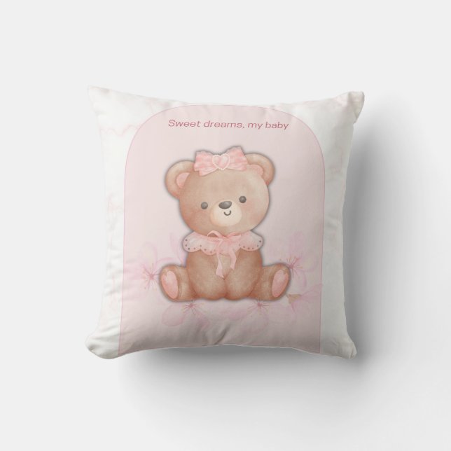 Sweet Dreams Teddy Bear Print | Baby Girl Nursery  Throw Pillow (Front)