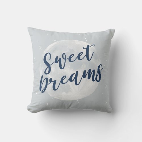 Sweet Dreams Typography Blue Watercolor Moon Throw Pillow