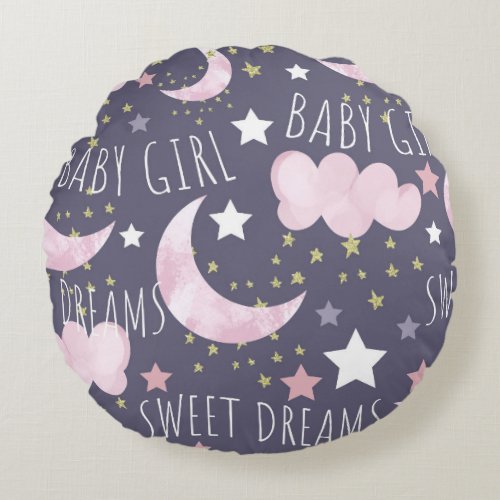 Sweet Dreams Watercolor Baby Girl  Round Pillow