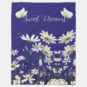 Sweet Dreams White Daisy Floral Blue Fleece Blanket