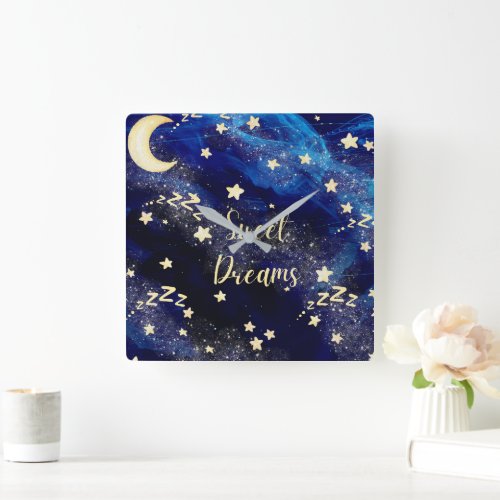 Sweet Dreams with Moon and Stars Square Wall Clock