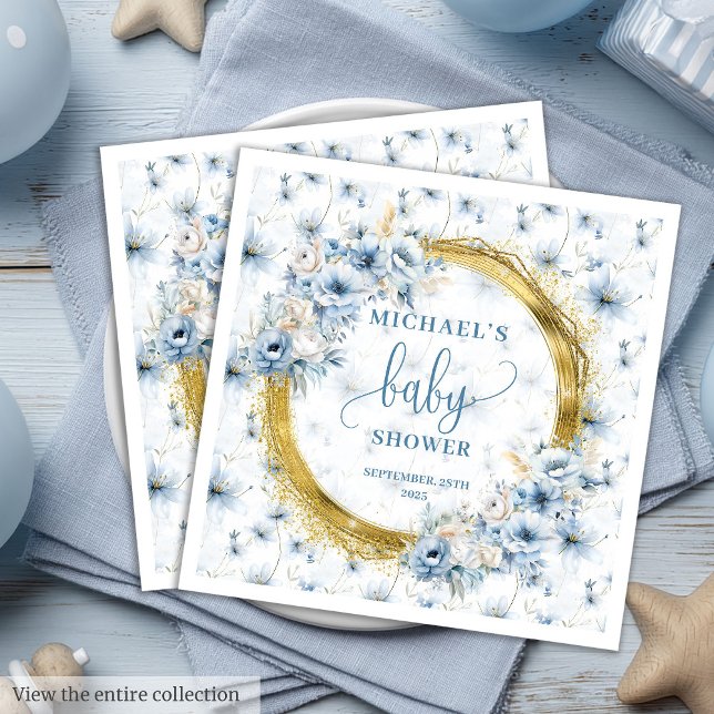 Sweet dusty blue flowers gold boy baby shower  paper dinner napkins (Sweet dusty blue flowers gold boy baby shower Paper Dinner Napkins)