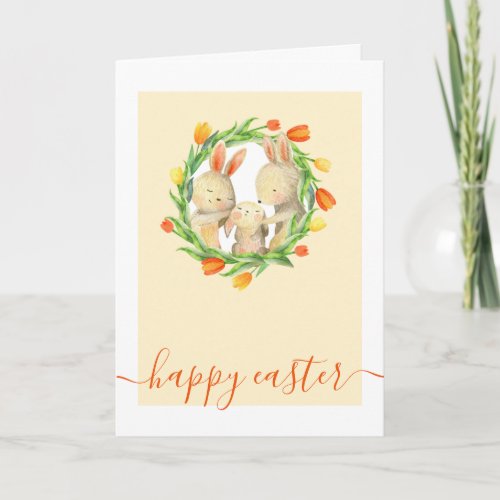 Sweet Easter Bunny Family And Flower Wreath Holiday Card