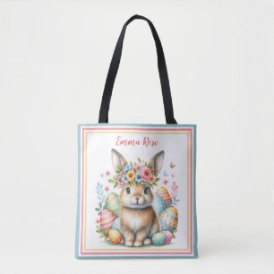 Sweet Easter Bunny with Flowers and Colored Eggs Tote Bag