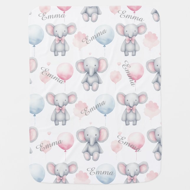 Sweet Editable Name Baby Elephant Pattern Blanket (Front)
