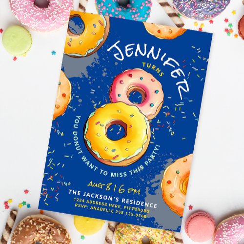Sweet Eight  8th Donut Colorful Sprinkles Blue Invitation