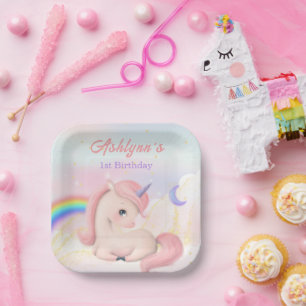 Sweet Elegant Cute Pink Watercolour Unicorn square Paper Plates