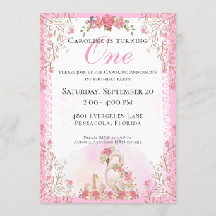 Sweet Elegant Fairytale Swans Pink Floral Birthday Invitation