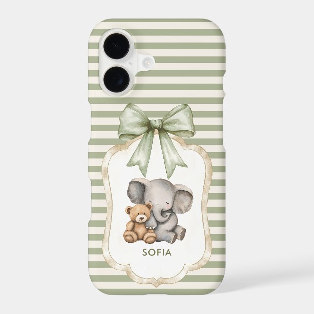 Sweet Elephant and Teddy Bear Striped Green Bow Case-Mate iPhone Case (Back)